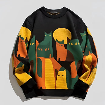A black crewneck sweater featuring a colorful artistic cat print, showcasing long sleeves and a cozy woolen texture, available in size 2XL.