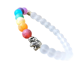 Colorful Chakra Healing Bracelet with Buddha Charm, featuring natural gemstone beads, used for yoga and meditation, displayed on a neutral background.