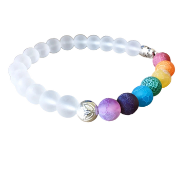 Colorful Chakra Healing Bracelet with Buddha Charm featuring azure and aqua beads made from natural materials, designed for yoga and meditation.