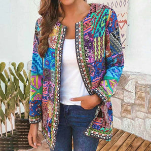 Colorful ethnic print women's bohemian jacket with vibrant patterns, featuring a stylish collar, full sleeves, and a fashionable design.