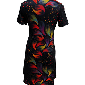 Colorful Feather Print Women's T-Shirt featuring a stylish and artistic design with a vibrant pattern resembling feathers, short sleeves, and a fashionable look.
