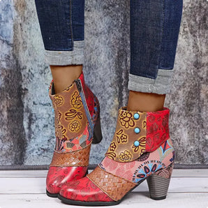 Colorful floral printed leather ankle boots with a boho high heel design in red, size 43.