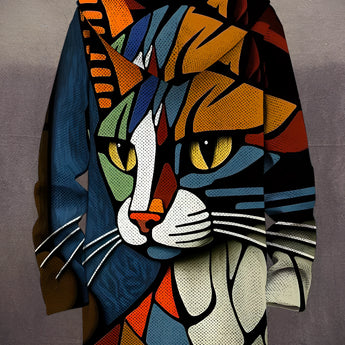 Colorful geometric cat sweater featuring an artistic feline design, showcasing a unique blend of vibrant patterns and colors on a pullover with long sleeves and a round collar.