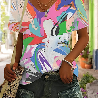 Colorful geometric women's summer top in white with bold patterns, featuring short sleeves and a round neckline, suitable for size 2XL.