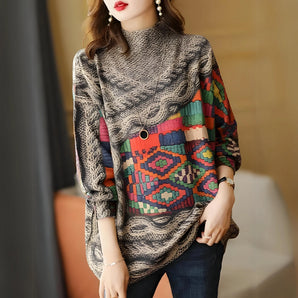 Colorful Patchwork High Collar Sweater with Asymmetric Hem