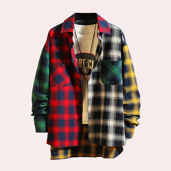Men's colorful plaid shirt featuring a Beauvais checkered pattern with a classic collar, long sleeves, and a dress shirt design.