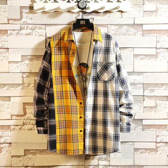Colorful plaid shirt for men in a yellow and white checked pattern, featuring long sleeves and a classic collar, suitable for dressy or casual occasions.
