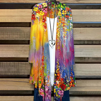 Colorful rainbow floral kimono cardigan with a bohemian summer cover-up style, shown in a vibrant yellow color in size 3XL, featuring a magenta pattern on a clothes hanger.