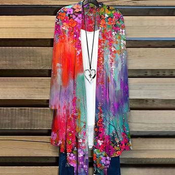 Colorful rainbow floral kimono cardigan in a bohemian style, featuring a red and magenta pattern with pink accents. The outerwear has long sleeves and is designed as a summer cover-up, shown in size 3XL.