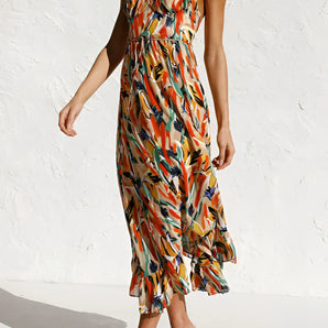 Colorful tropical print sleeveless maxi dress designed for summer beachwear.