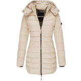 Colorful women's slim fit hooded puffer coat in khaki, size XXXL, showcasing a thermal and water-resistant design with a stylish collar and long sleeves.