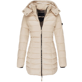 Colorful women's slim fit hooded puffer coat in khaki, size XXXL, showcasing a thermal and water-resistant design with a stylish collar and long sleeves.