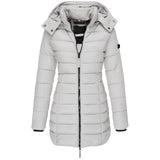 Gray women's slim fit hooded puffer coat designed for thermal insulation and water resistance, featuring long sleeves and a stylish collar.