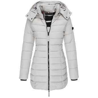 Gray women's slim fit hooded puffer coat designed for thermal insulation and water resistance, featuring long sleeves and a stylish collar.