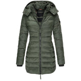 Light green women's slim fit hooded puffer coat in size XXXL, featuring a thermal and water-resistant design with long sleeves, a collar, and pockets.