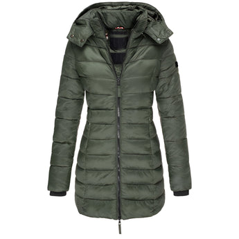 Light green women's slim fit hooded puffer coat in size XXXL, featuring a thermal and water-resistant design with long sleeves, a collar, and pockets.