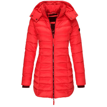 Colorful women's slim fit hooded puffer coat in red, featuring a thermal and water-resistant design with a collar and long sleeves.