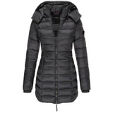 A black women's slim fit hooded puffer coat in size XXXL, designed with thermal insulation and water-resistant material, featuring a stylish collar and long sleeves.