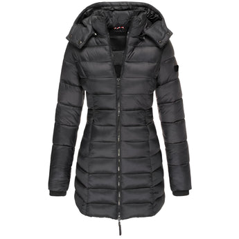 A black women's slim fit hooded puffer coat in size XXXL, designed with thermal insulation and water-resistant material, featuring a stylish collar and long sleeves.