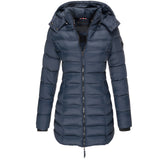 Colorful women's slim fit hooded puffer coat in marine blue, XXXL size, featuring long sleeves, a collar, and a quilted design, designed to be thermal and water-resistant.