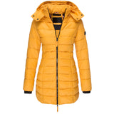Colorful women's slim fit hooded puffer coat in yellow, featuring thermal and water-resistant material, with long sleeves and a sleek collar design.
