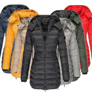 Colorful women's slim fit hooded puffer coat in brown, featuring a thermal lining and water-resistant material, with long sleeves and a high collar.