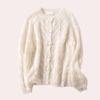Lightweight floral knitwear coral lace cardigan in wit color, size XL, featuring intricate patterns, long sleeves, and crafted from natural woolen material with a delicate collar design.
