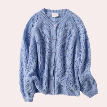 Blue floral lace cardigan with long sleeves and a delicate pattern designed for women, displayed in size XL.