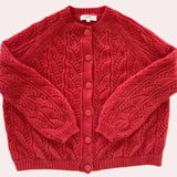 Red Coral Lace Cardigan in XL size, featuring lightweight floral knitwear design for women with long sleeves and delicate lace detailing.
