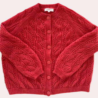 Red Coral Lace Cardigan in XL size, featuring lightweight floral knitwear design for women with long sleeves and delicate lace detailing.