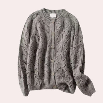 Gray Coral Lace Cardigan in XL size, featuring a lightweight floral knit pattern, long sleeves, and a woolen texture, designed for women.
