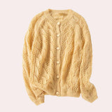 Yellow coral lace cardigan in XL size featuring lightweight floral knit design with a stylish collar and long sleeves, ideal for women's fashion.