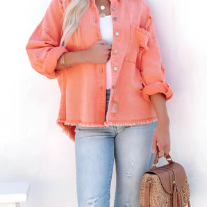 Coral Oversized Frayed Denim Jacket - Trendy Spring Street Style