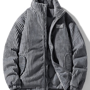Gray corduroy high collar insulated men's puffer jacket in size 5XL, featuring quilted texture with long sleeves and a cozy collar, perfect for cold weather wear.