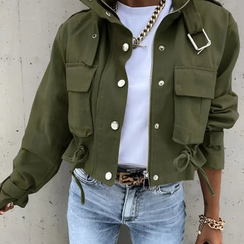 
A military green, cow print women's cropped jacket in XL size, featuring long sleeves, a collar, and a trendy urban streetwear design.