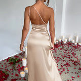 Cowl neck backless satin evening dress showcasing a formal and elegant bridal gown design with emphasis on the shoulder and neck area.