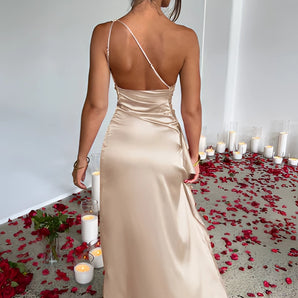 Cowl neck backless satin evening dress showcasing a formal and elegant bridal gown design with emphasis on the shoulder and neck area.