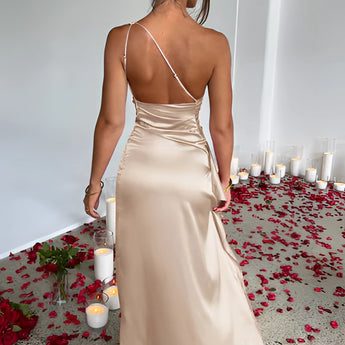 Cowl neck backless satin evening dress showcasing a formal and elegant bridal gown design with emphasis on the shoulder and neck area.