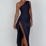 
Marine blue satin evening dress with a cowl neck and backless design, featuring a fitted sheath silhouette and sleeveless style in a 2XL size.