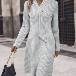 Cowl Neck Long Sleeve Gray Winter Dress - Business Casual