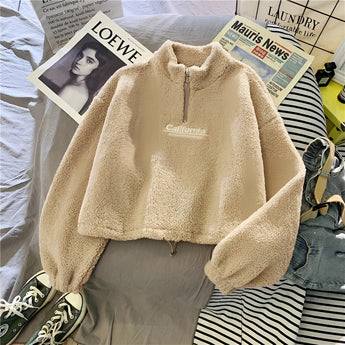 Cozy Teddy Fleece Half-Zip Pullover in a warm blue sherpa material, showcased in a khaki color, size XXL, featuring long sleeves and a half-zippered collar design.