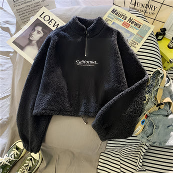 Cozy Teddy Fleece Half-Zip Pullover in Warm Blue, featuring a soft sherpa texture with a half-zip closure, displayed in black color and size XXL.