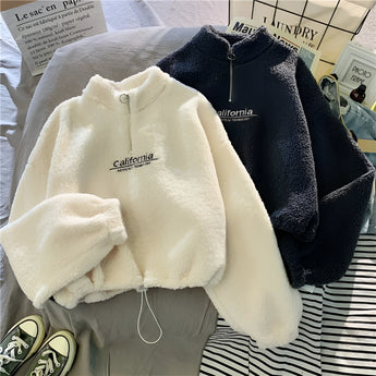 Cozy Teddy Fleece Half-Zip Pullover in warm blue color featuring a soft sherpa texture, long sleeves, and a stylish half-zip collar design.