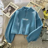 Cozy Teddy Fleece Half-Zip Pullover in Warm Blue Sherpa fabric, featuring a half-zip design and a high collar with long sleeves in size XXL.