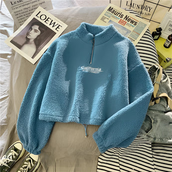 Cozy Teddy Fleece Half-Zip Pullover in Warm Blue Sherpa fabric, featuring a half-zip design and a high collar with long sleeves in size XXL.