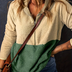Cozy Women's Color Block Sherpa Jacket in Beige and Green, showcasing soft fleece material with long sleeves and a stylish design.