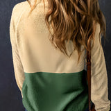Cozy Women's Color Block Sherpa Jacket in beige and green fleece featuring long sleeves, a high neck, and a relaxed fit, highlighting the shoulder, arm, and waist areas.