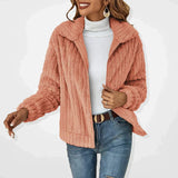 Cozy Women's Fleece Teddy Bear Jacket in Rosa color, size 4XL, featuring a sherpa lining, showing a woman smiling and showcasing the jacket's collar, sleeves, and waist detailing.