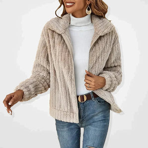 Cozy Women's Fleece Teddy Bear Jacket in Albicocca1 color, size 4XL, featuring a sherpa lining, long sleeves, and a high collar, modeled by a smiling woman.