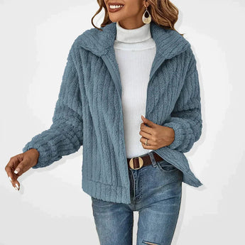 Cozy Women's Fleece Teddy Bear Jacket in a Blu1 shade, featuring a sherpa lining for warmth and comfort, shown in size 4XL2. The jacket includes a collar, full sleeves, and a waist-length fit, designed for winter fashion.